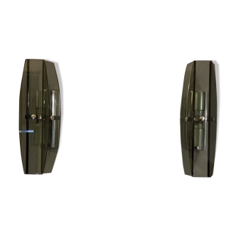 Wall light vintage UFO space age smoked glass and chrome pair