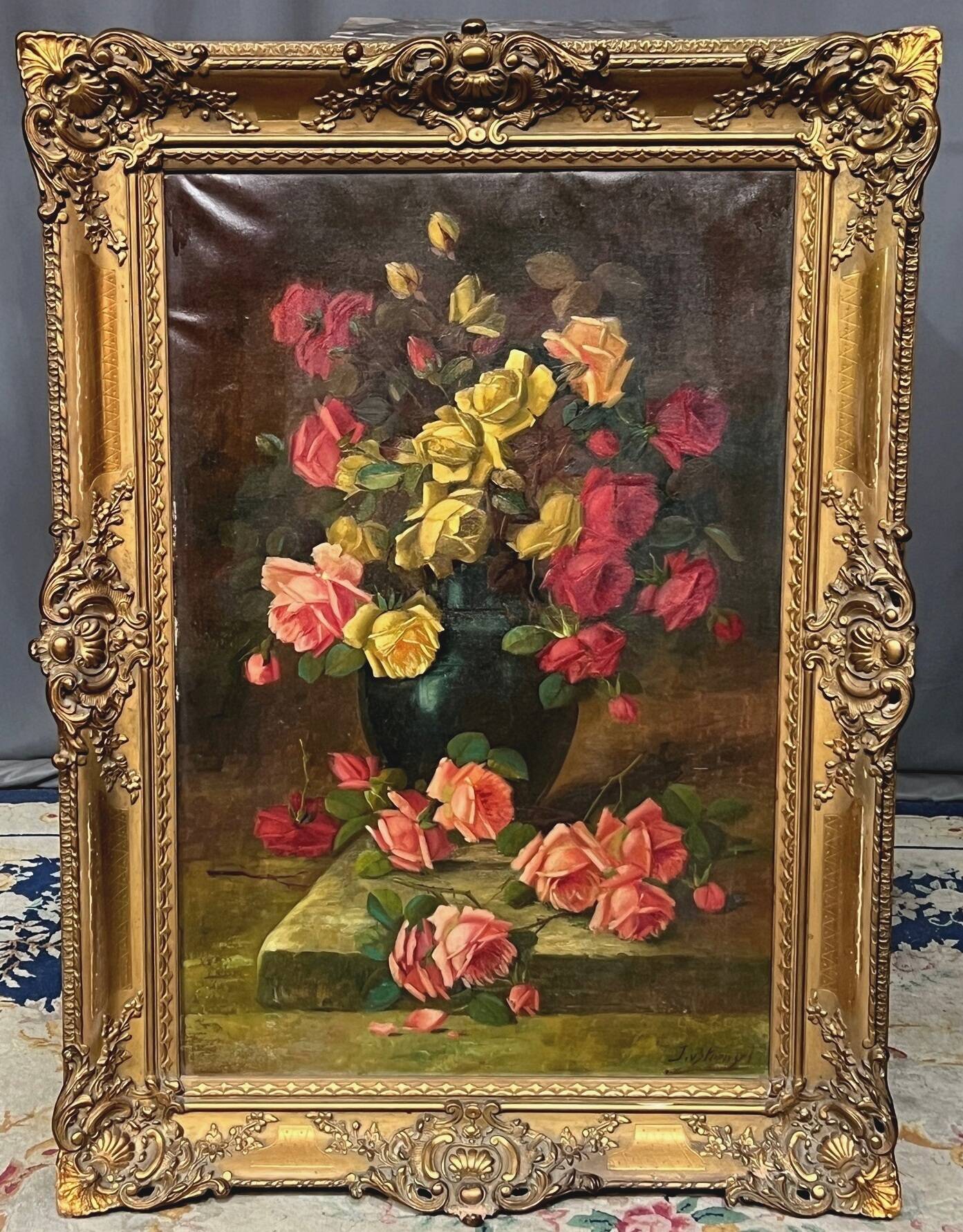 Old still life signed with roses.