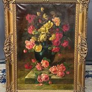 Nature morte ancienne signée avec des roses.