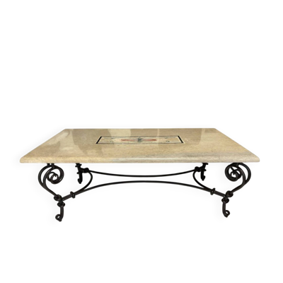 Grande table basse vintage en pierre naturelle, fer forgé plein