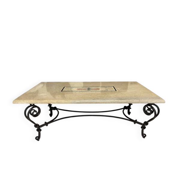 Grande table basse vintage en pierre naturelle, fer forgé plein