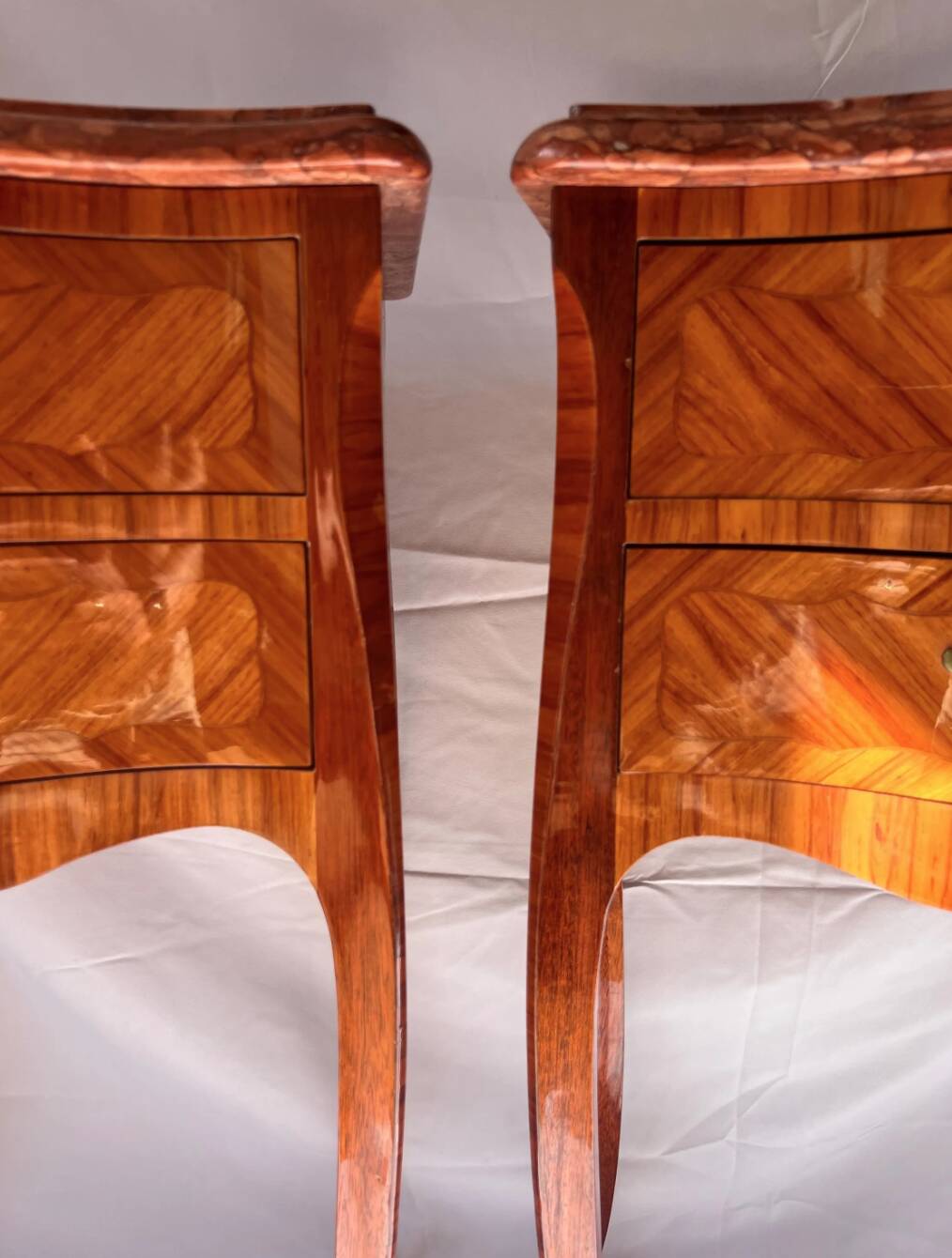 Pair of French Rosewood Nightstands, Marble Top Nighstands, Marquetry Bedsi