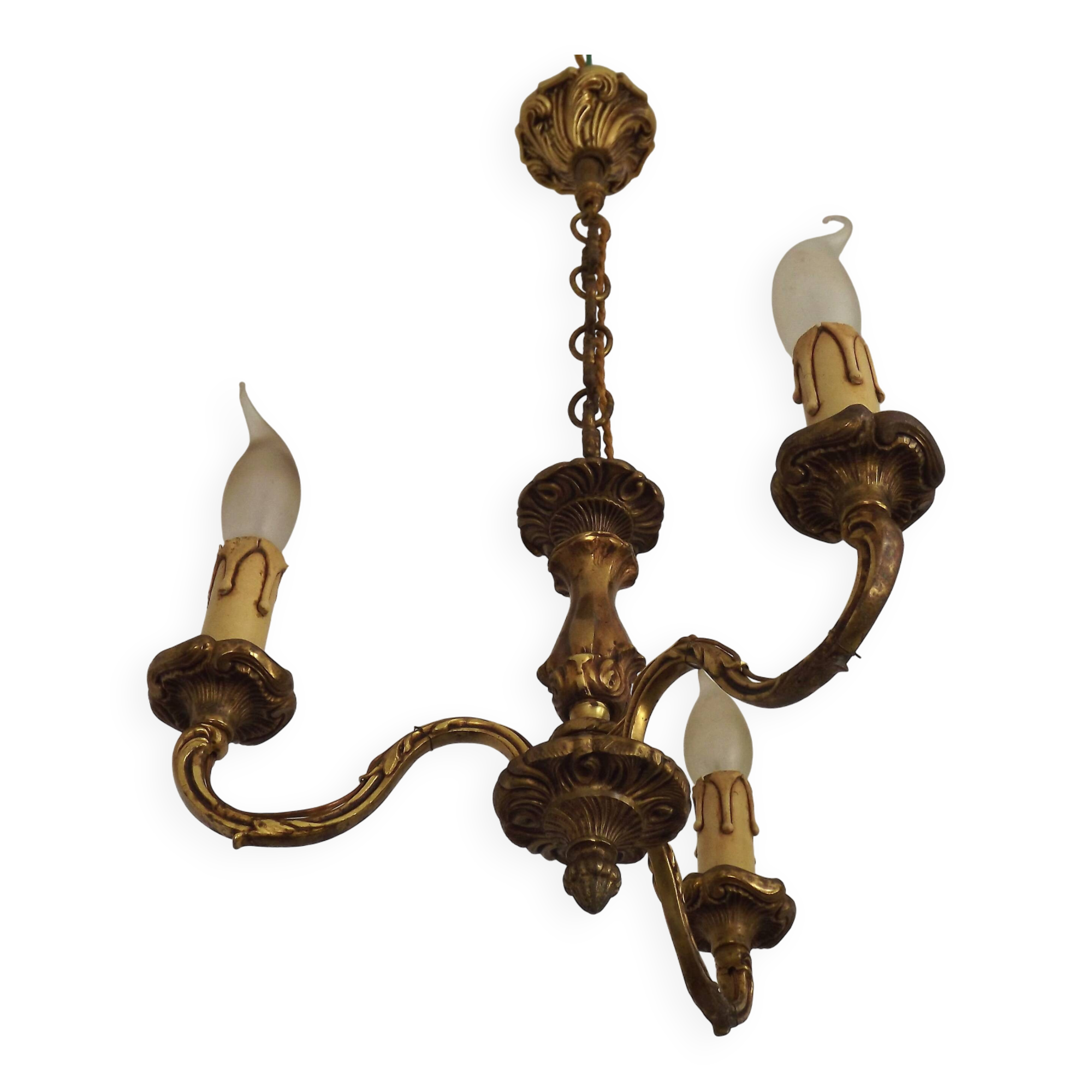 French Antique Art Nouveau Style 3-Light Quality Bronze Chandelier