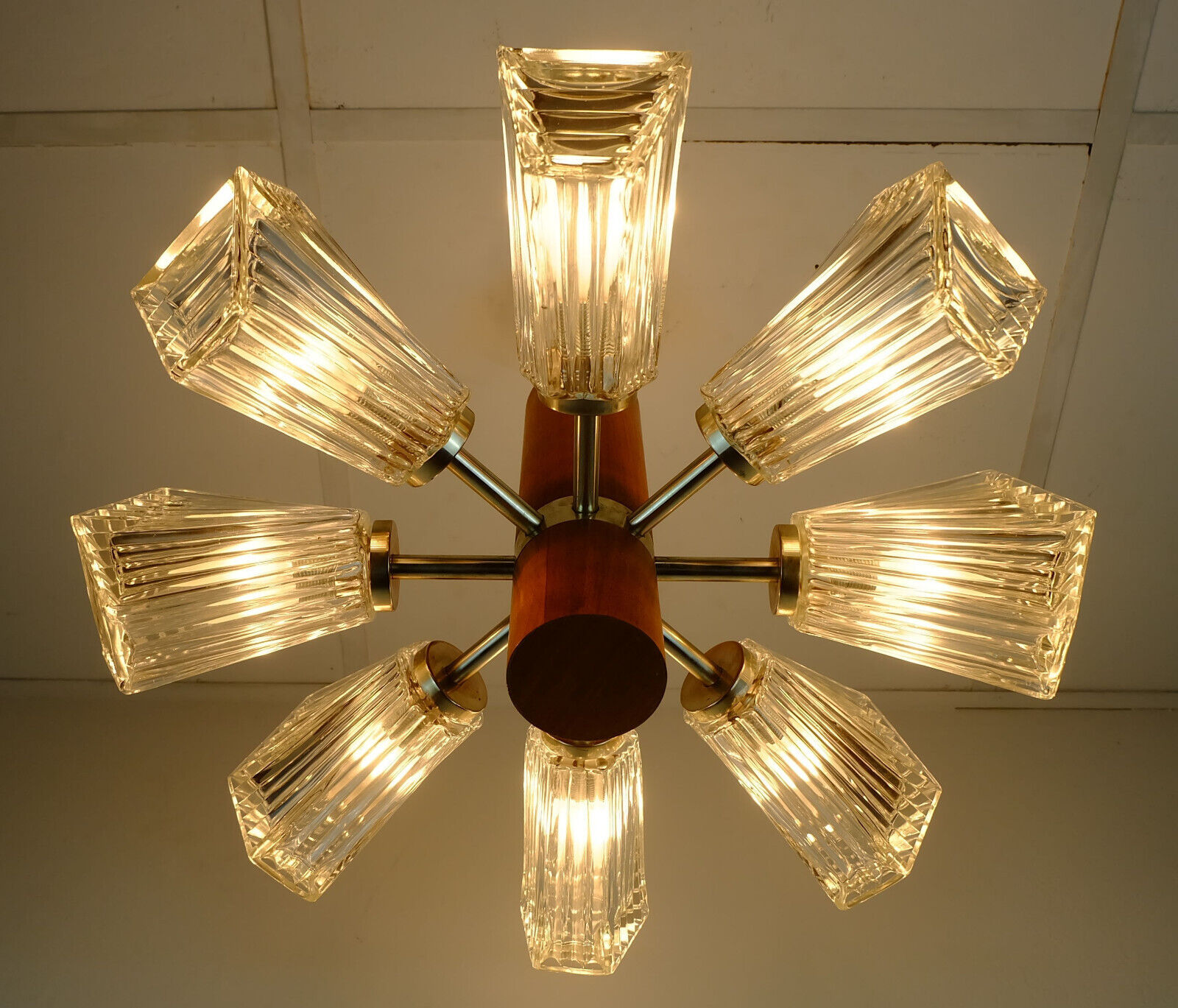 1960s temde 8-light pendant lamp sputnik chandelier teak glass metal