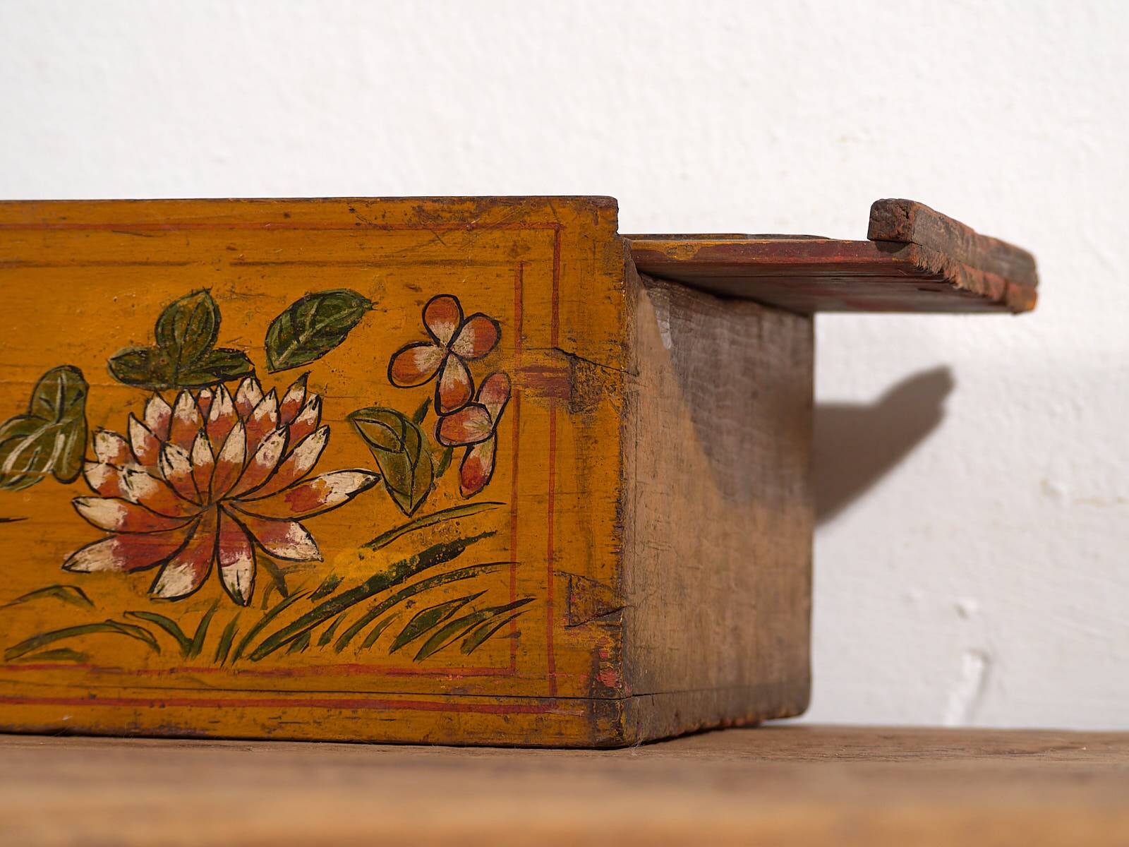 Antique Asian ochre-colored box with lotus flowers (c.1900) #1