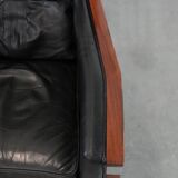 Black Art Deco cowhide leather and wooden design armchair with a high back