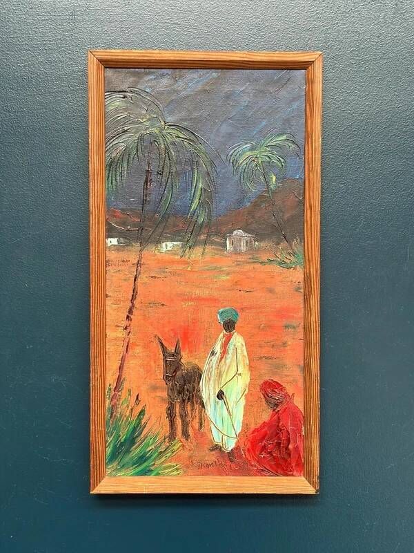 Mid-century oil on canvas “Figures with a dog” by Hans R, vintage & framed 33×63cm