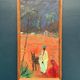 Mid-century oil on canvas “Figures with a dog” by Hans R, vintage & framed 33×63cm