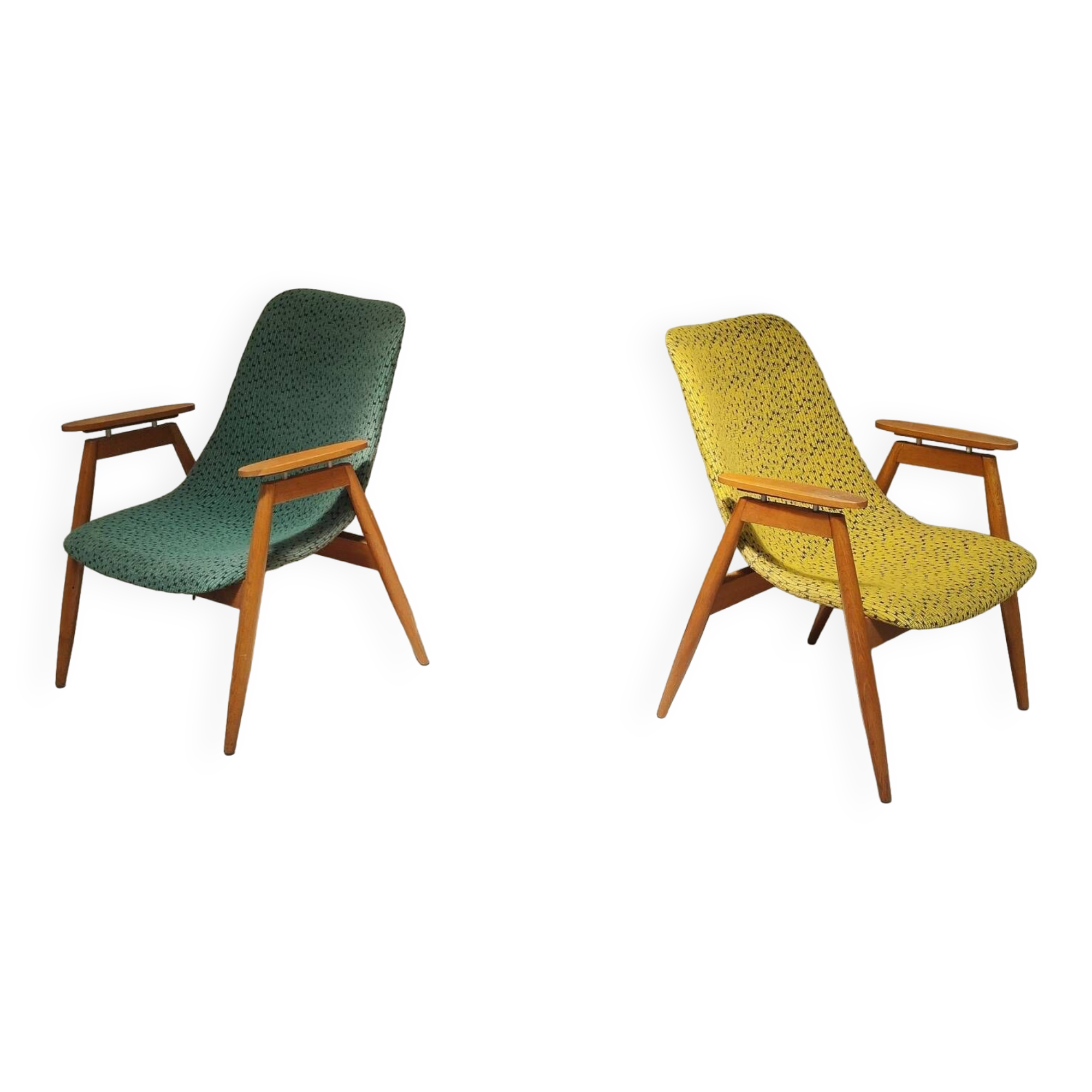 Pair of yellow and green resin and wood armchairs by Miroslav Navratil