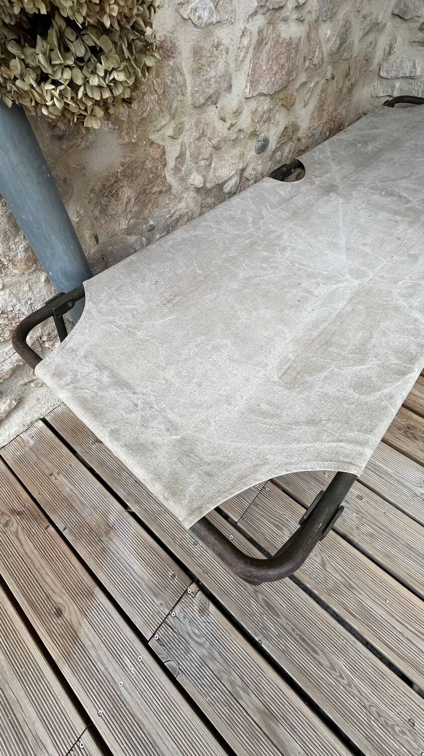 Antique folding military camp bed – khaki green canvas and metal