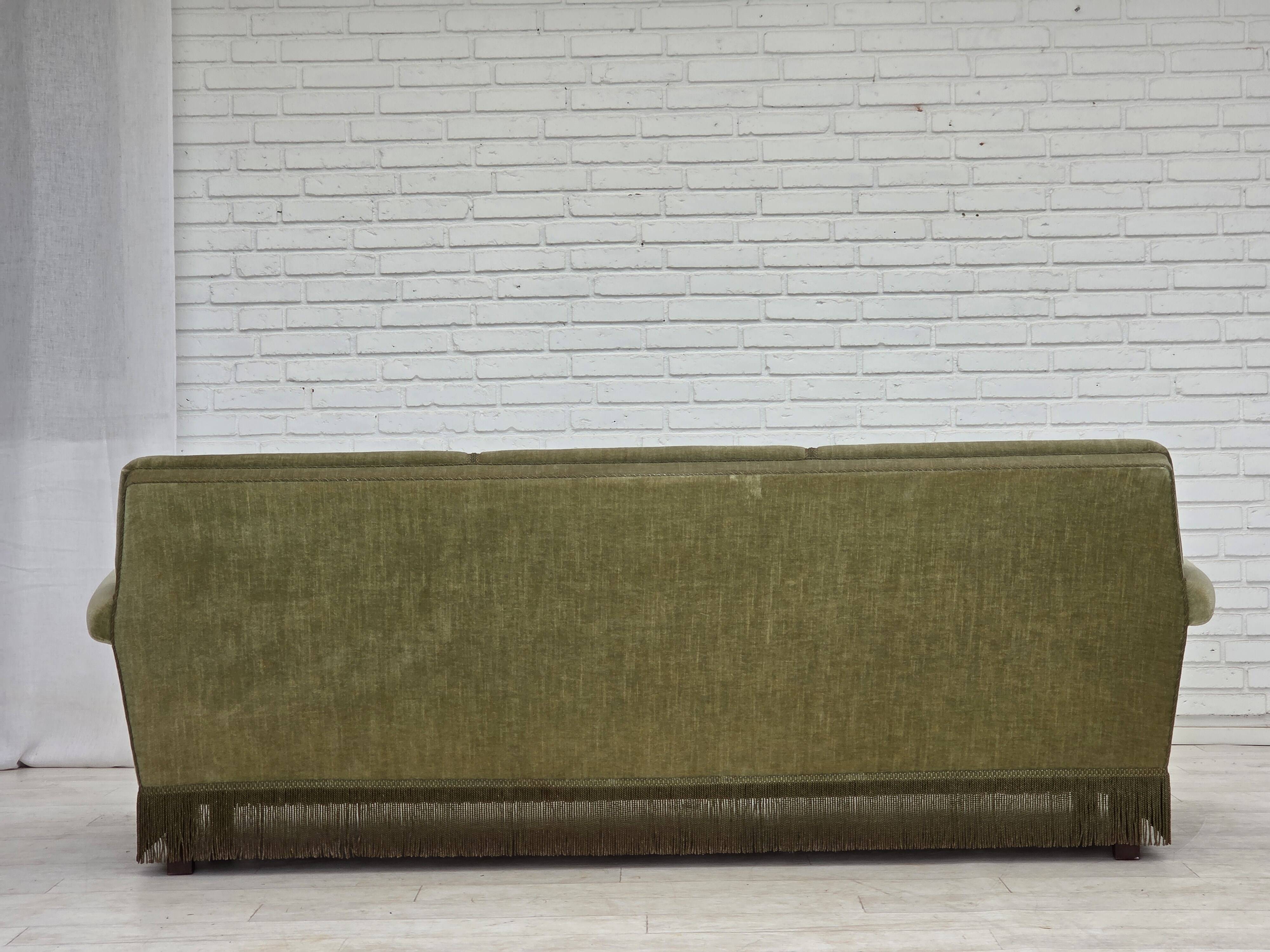 1970s, Danish 3-seater sofa, green furniture velour, beech wood.