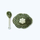 Sauce boat with its stand and spoon - cabbage leaf