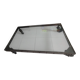 Industrial coffee table in solid metal with a glass top.