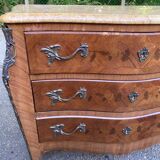 Curved Louis XV chest of drawers in marquetry and beige marble