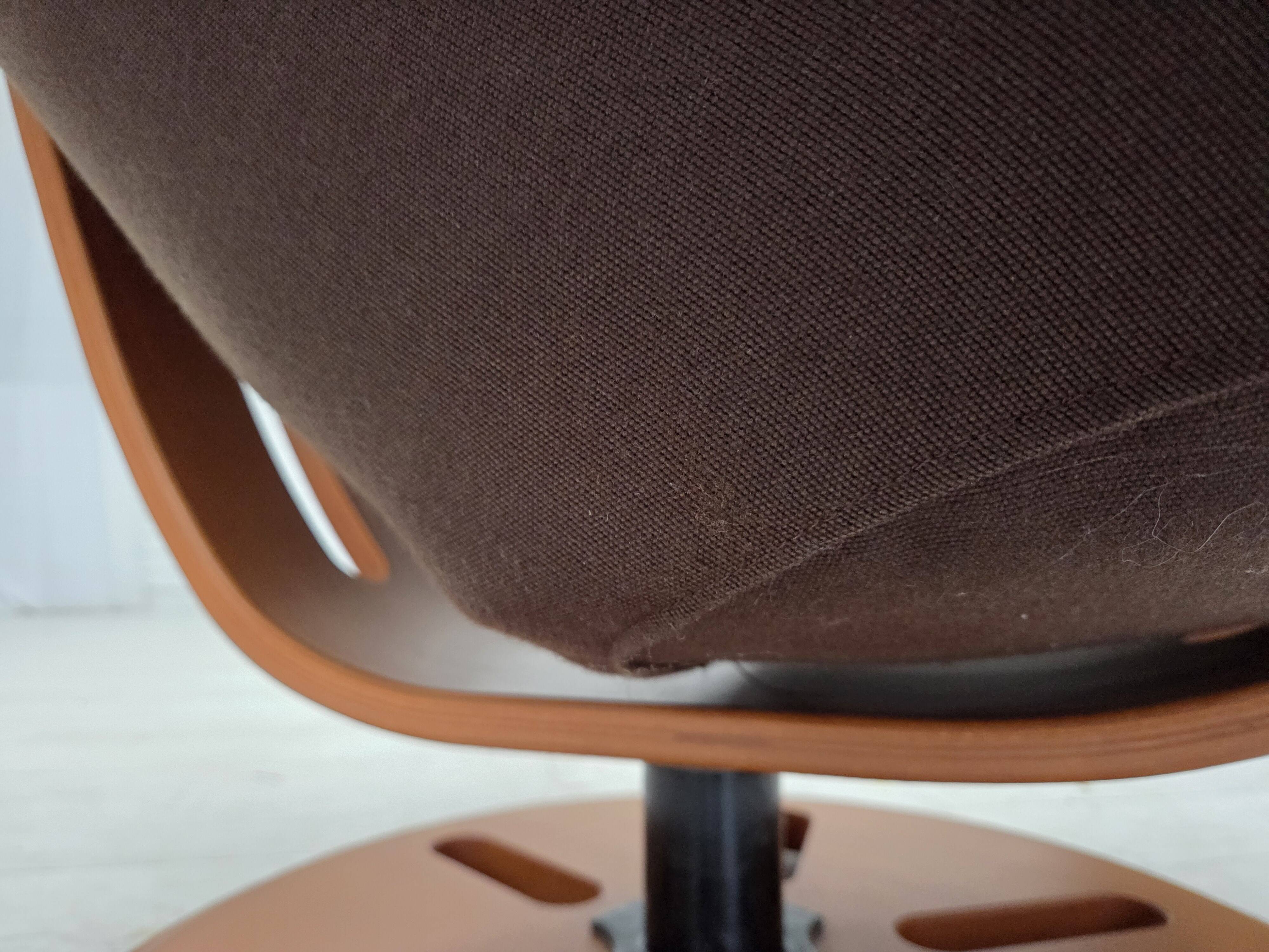 1980s, Swedish swivel armchair, nubuck leather, canvas, bent beech wood.