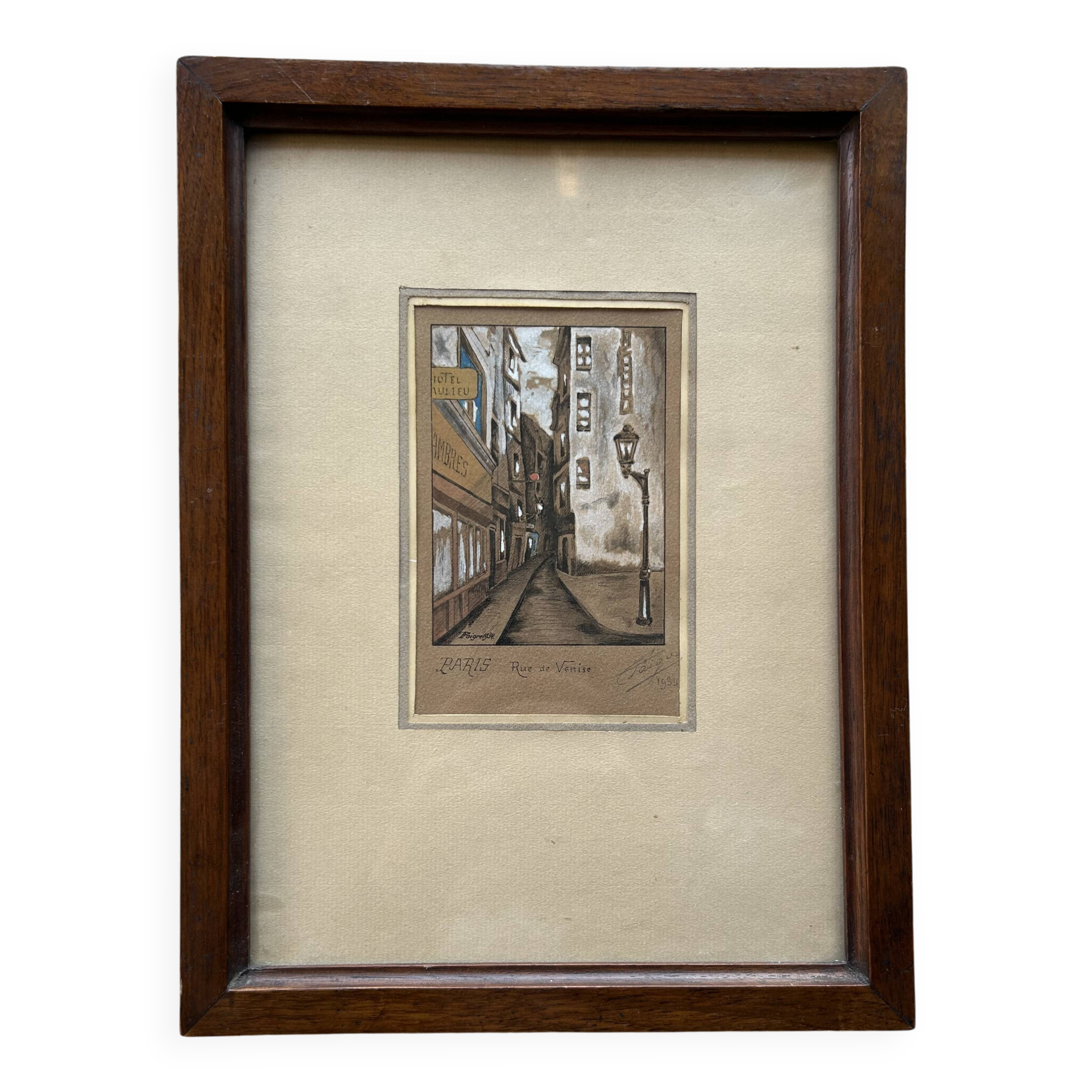 Antique illustration of Paris, signed and dated 1934