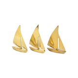 Three Vintage Sailboat Figurines Brass Minimalist Boat Sixties 11cm