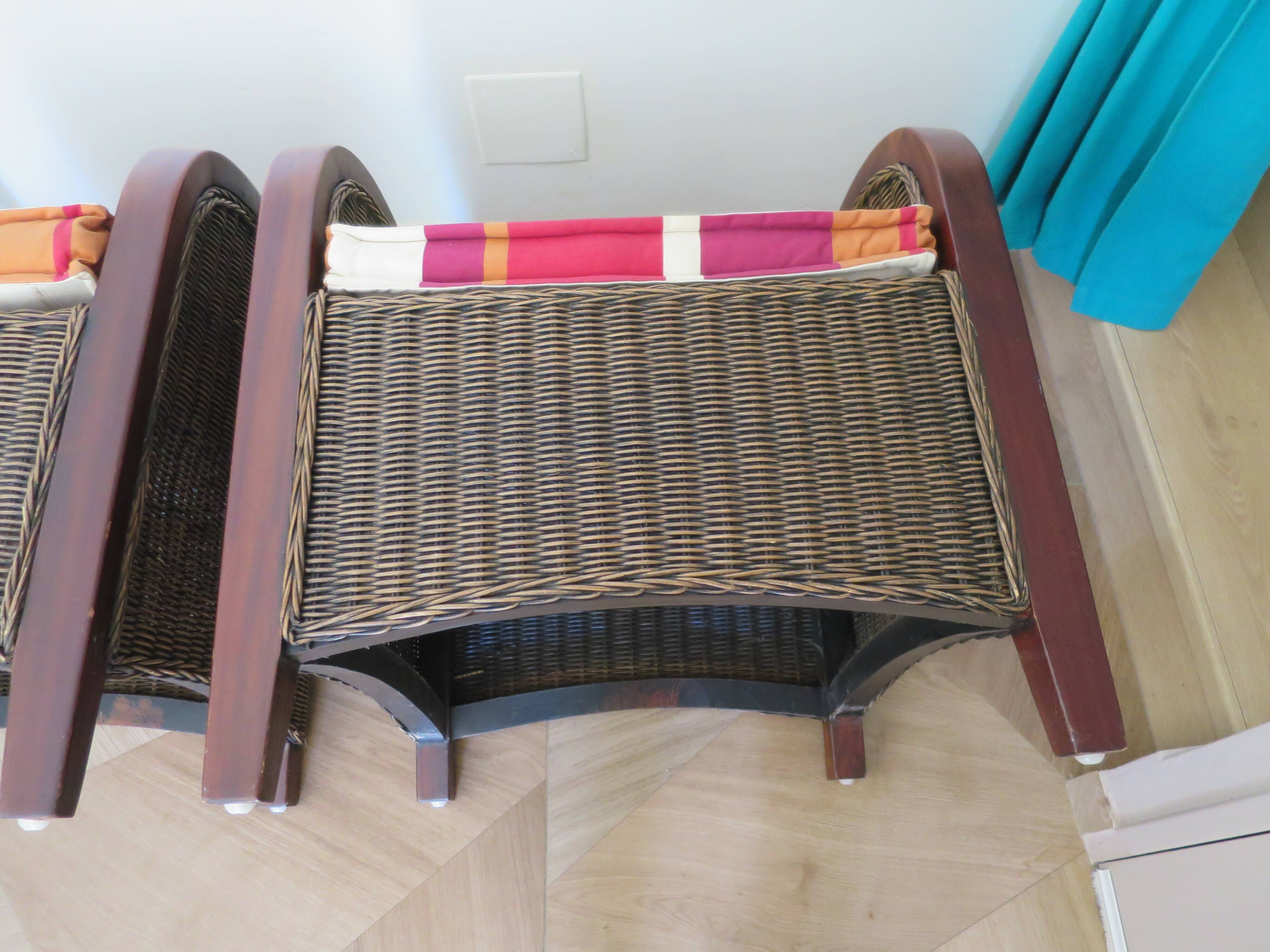 2 armchairs in woven rattan and wood, 1980s