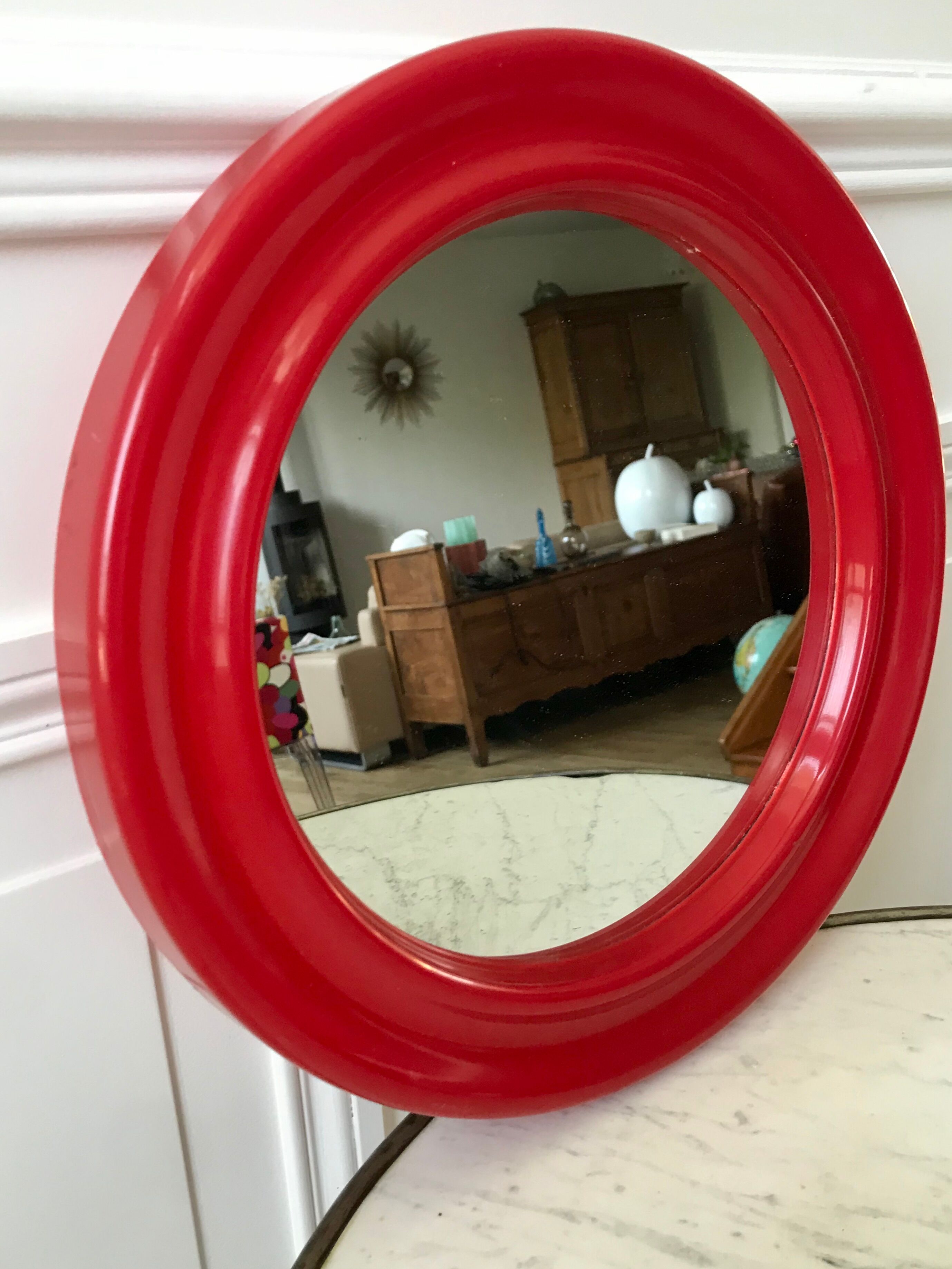 1970s red round plastic mirror