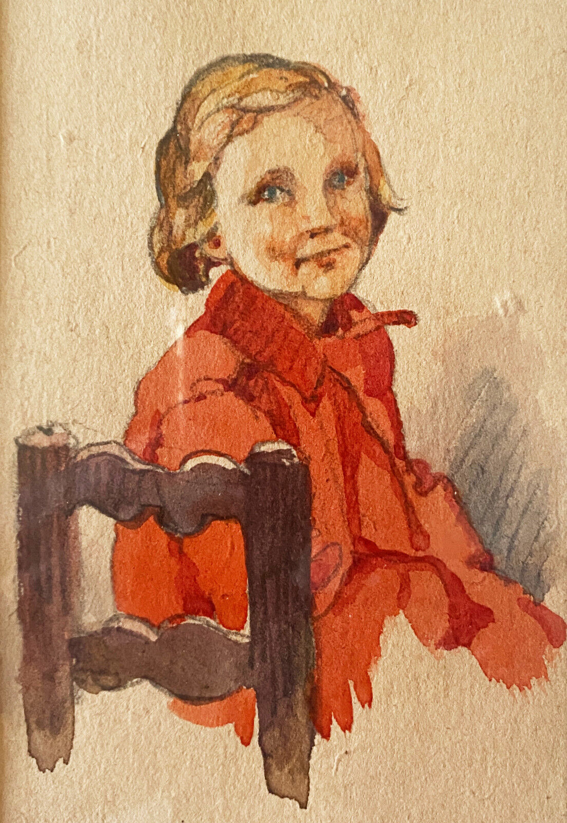 Watercolor painting "young girl" Pierrette dated 1950 and frame