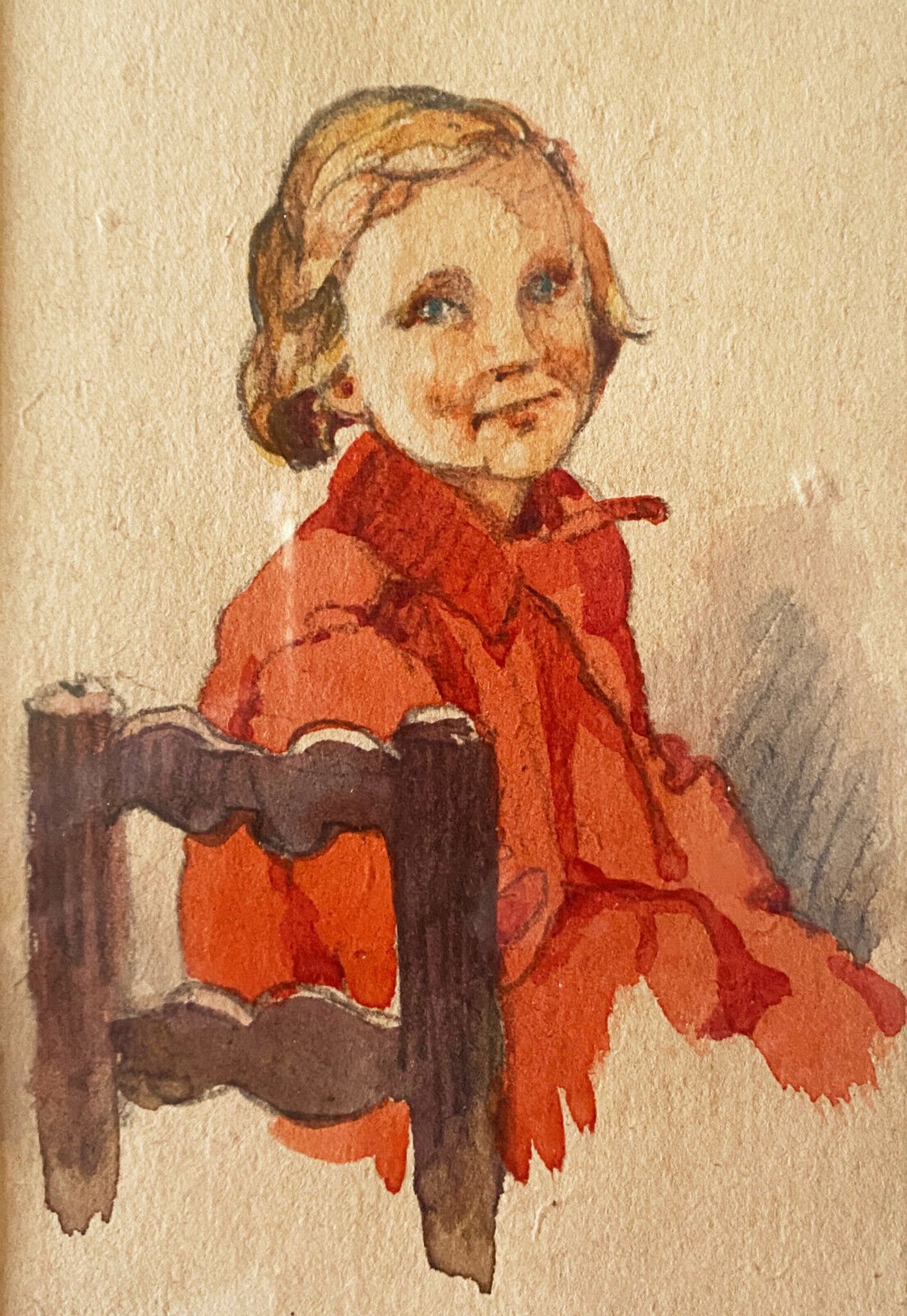 Watercolor painting "young girl" Pierrette dated 1950 and frame