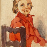 Tableau aquarelle "jeune fille" Pierrette datée de 1950 et cadre