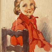 Watercolor painting "young girl" Pierrette dated 1950 and frame