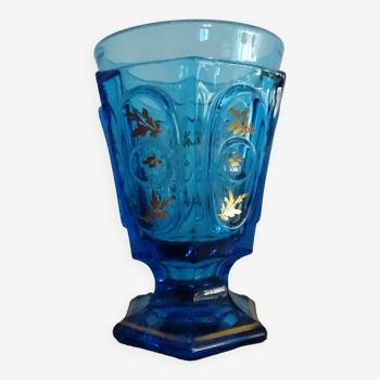 Ancien verre style Charles X verre soufflé épais bleu et dorés XIX ème - 12 cm