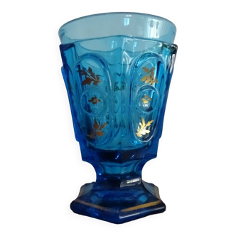 Ancien verre style Charles X verre soufflé épais bleu et dorés XIX ème - 12 cm