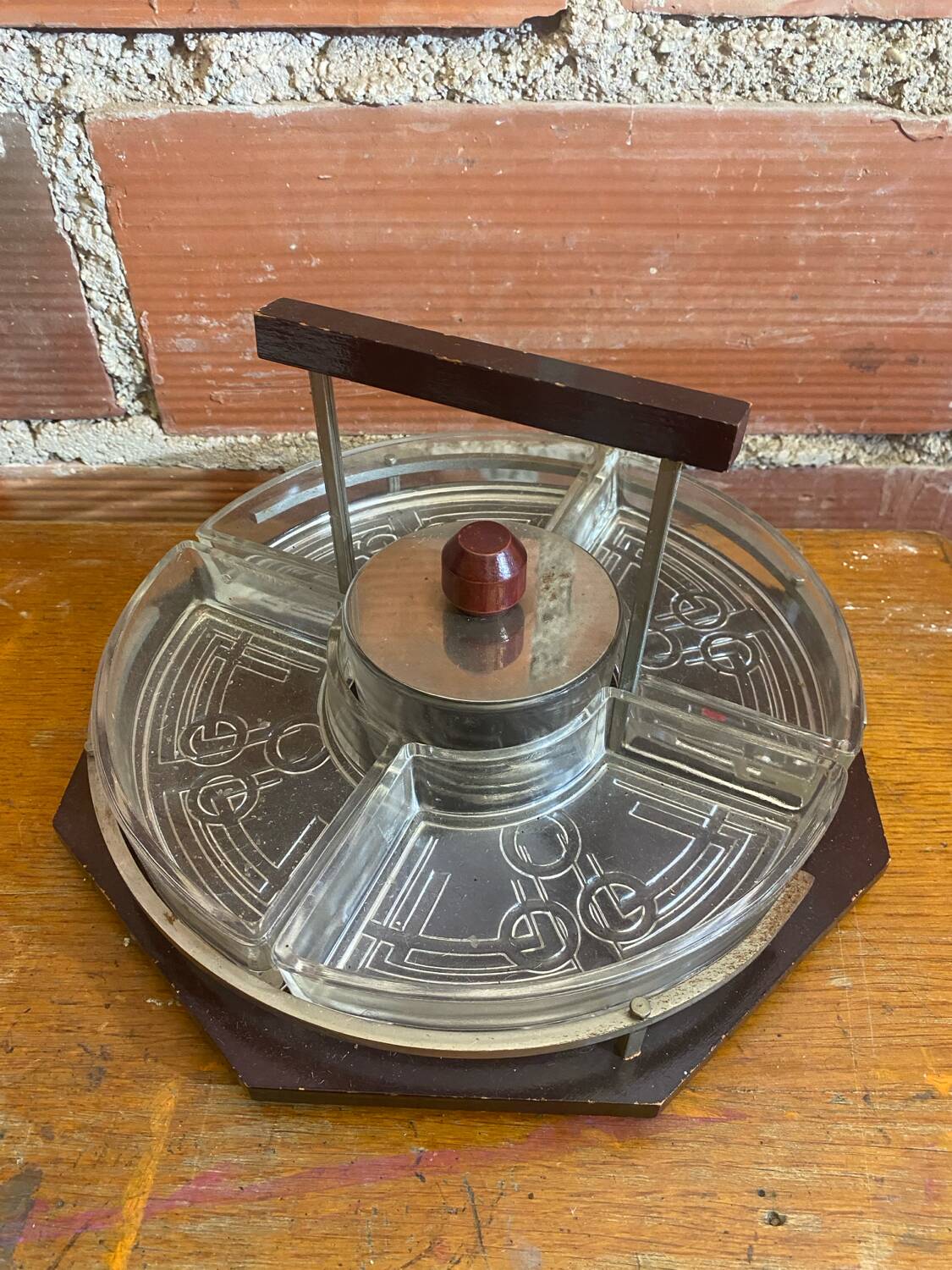 Serving Tray Wood & Chrome + Molded Glass Bowls Kitchen Wine