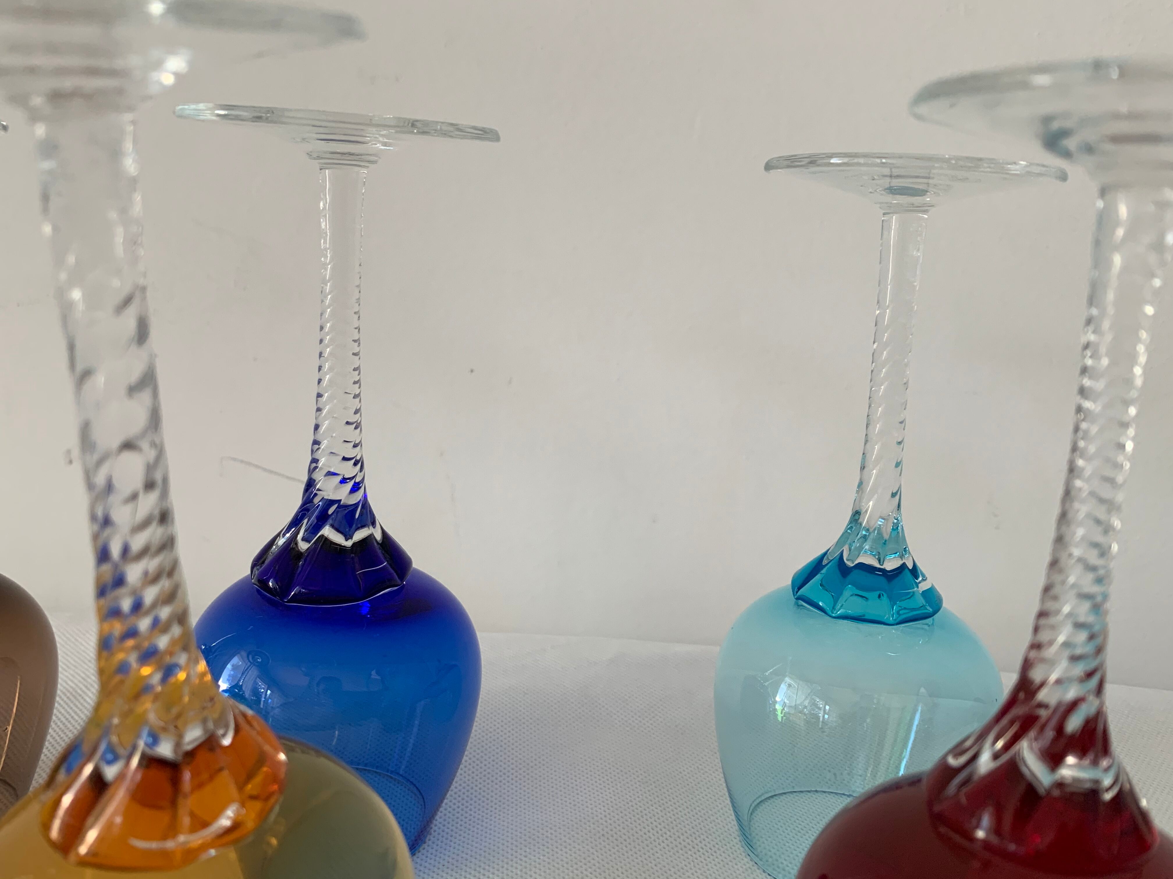 Set of 6 murano 1970 colored digestive glasses