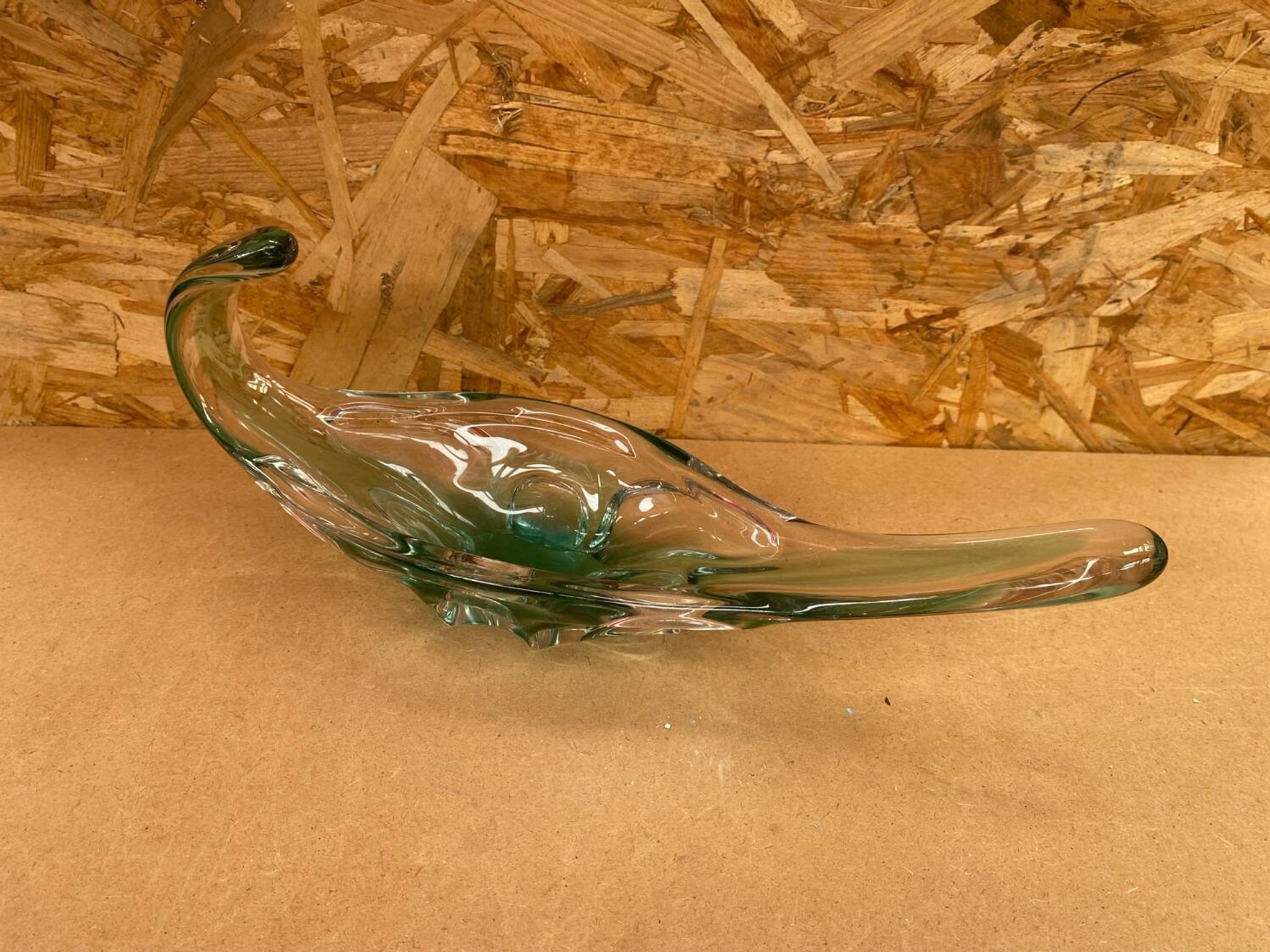 Ancien Vide Poche Coupe Cristal Vert & Transparent Vintage #B087