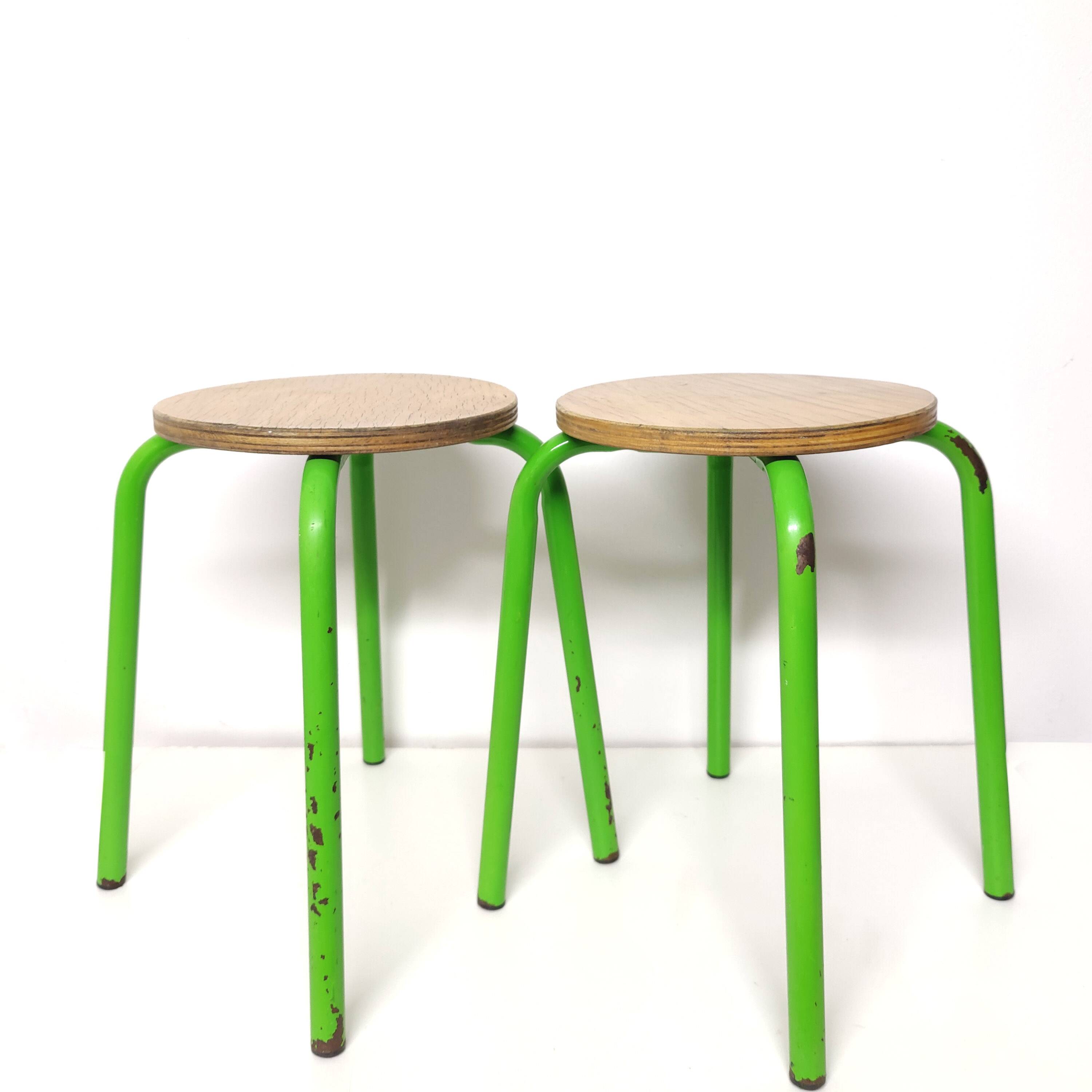Set of 2 vintage green metal and wood stools