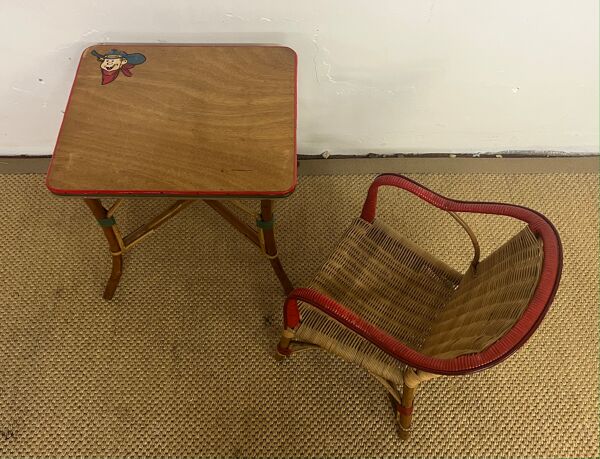 Ensemble table et fauteuil en rotin enfants