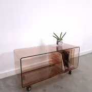 Vintage hifi, LP cabinet, TV unit made of tinted plexiglass on wheels, records.