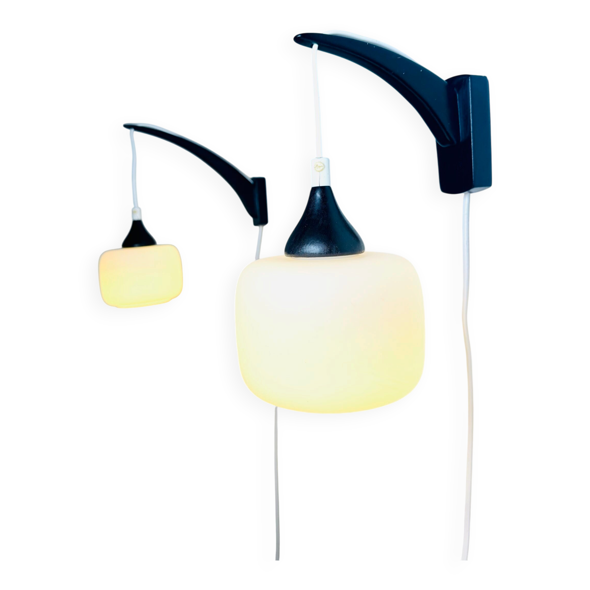 Set Of Single-Arm Wall Lamps In Teak And Opaline Glass By Uno & Östen Kristiansson For Luxus, Sweden 1960S