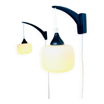 Set Of Single-Arm Wall Lamps In Teak And Opaline Glass By Uno & Östen Kristiansson For Luxus, Sweden 1960S