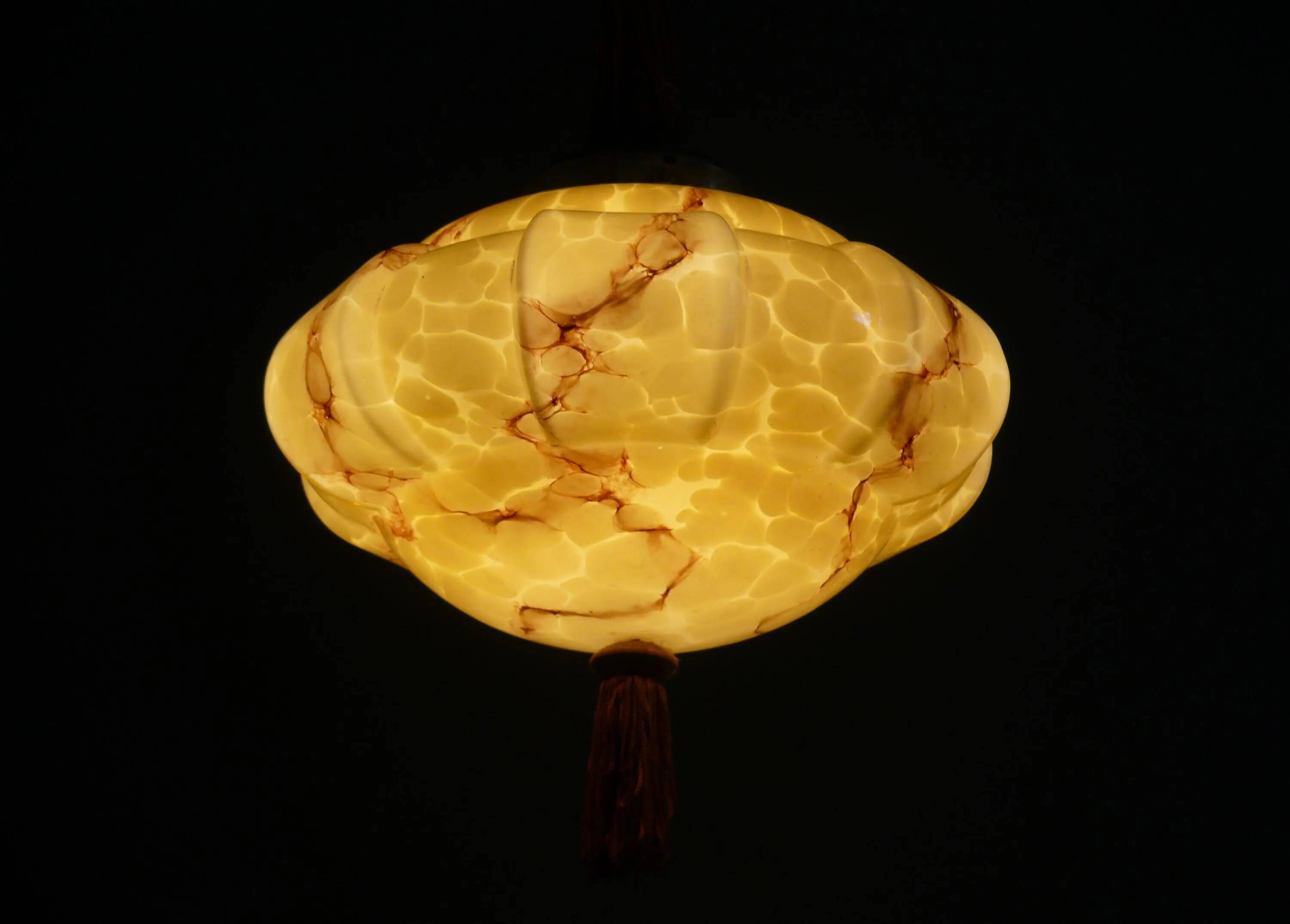 Art Deco Hanging Light with Wrapped Stem, Marble Effect, Metal and Brass - 1930s