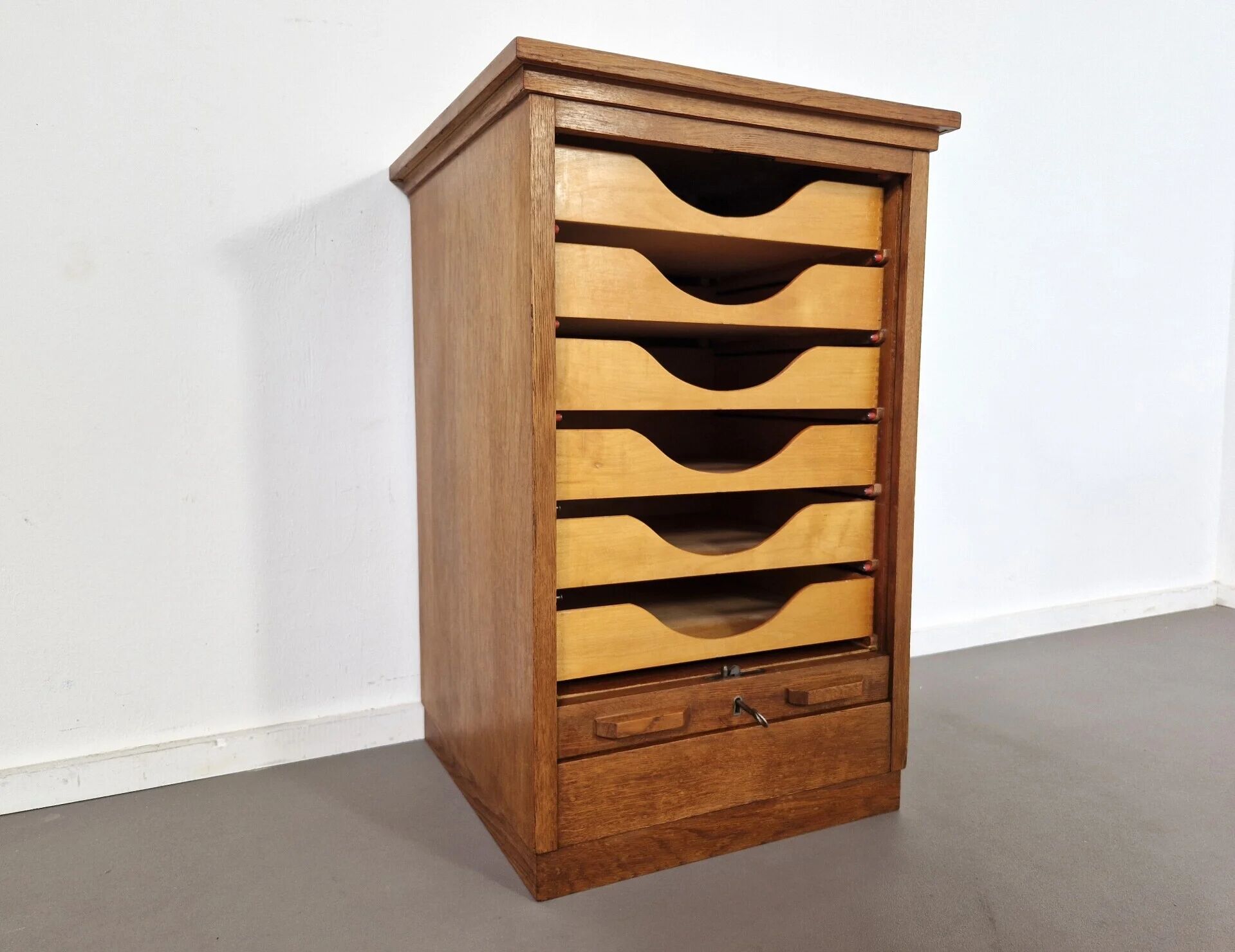 Vintage oak tambour cabinet | 1940s