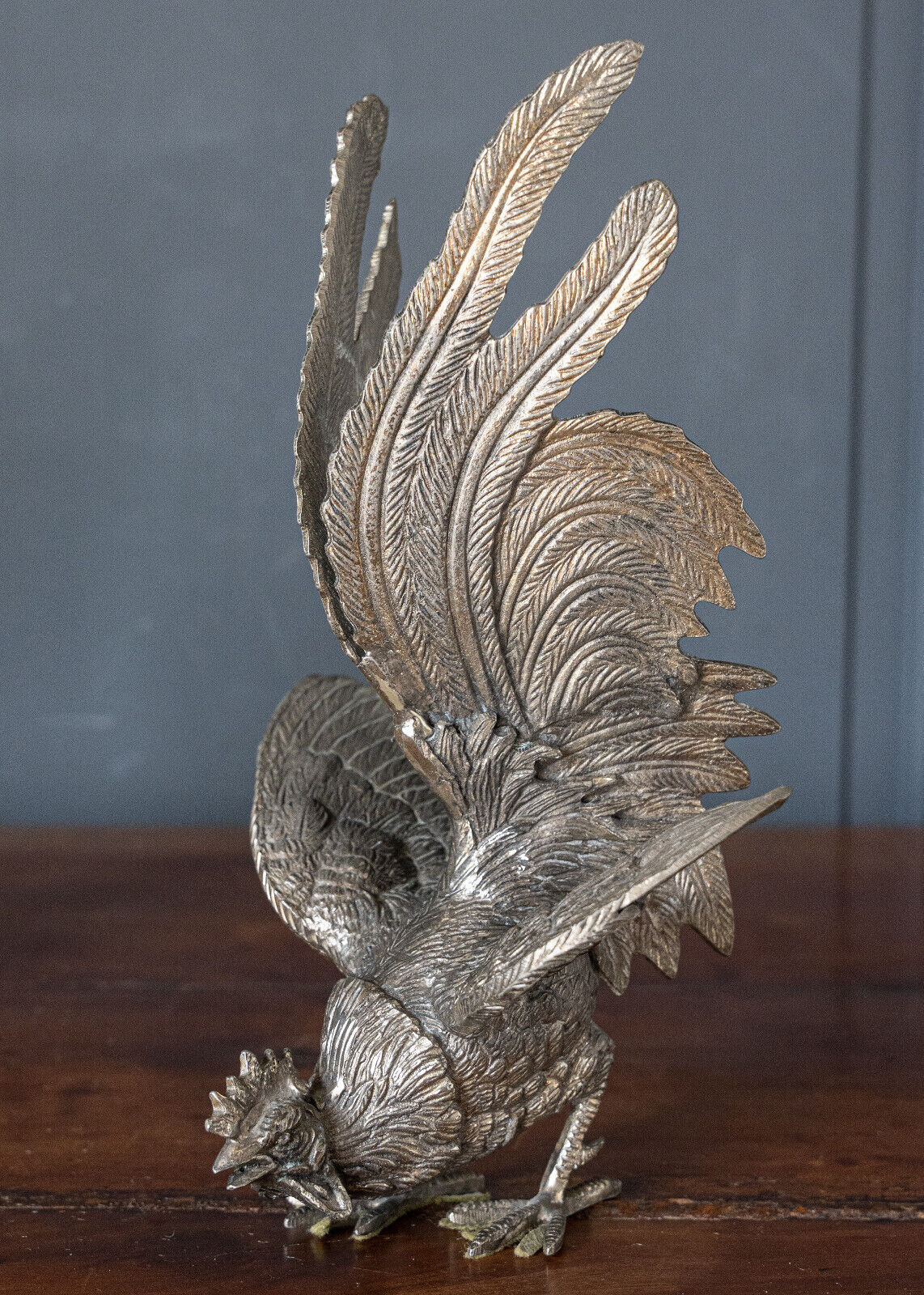 Two roosters in silver metal mid-twentieth century