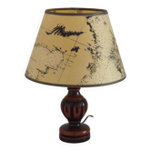 French Mid Century Round Turned Wood Grooved Table Lamp Map Detail Shade