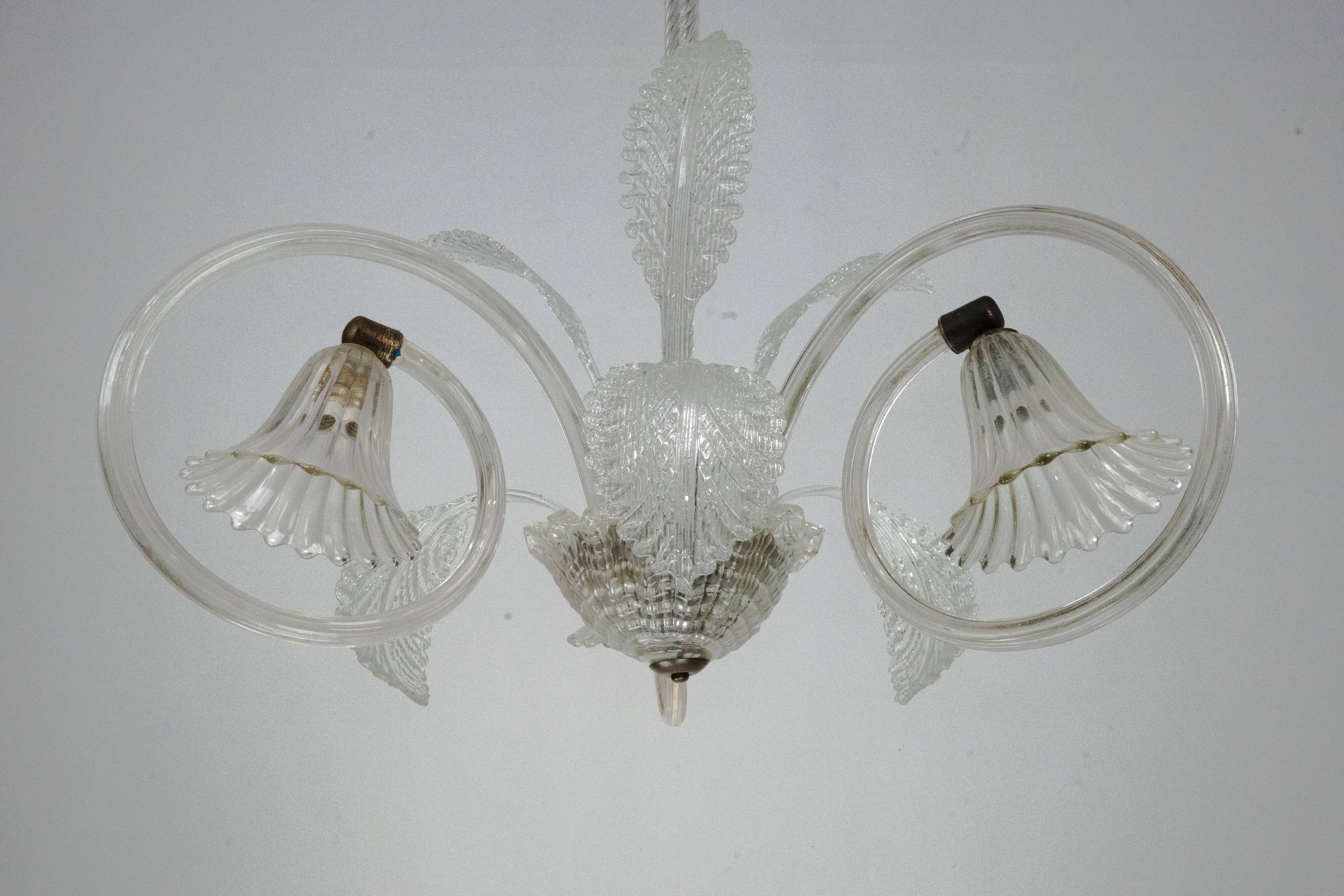 Art Deco Murano Glass Three-Arm Chandelier, Italy, 1940s