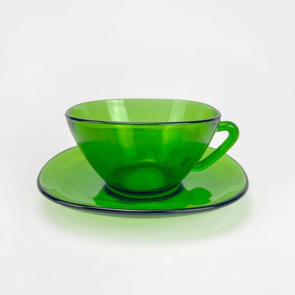 6 Large Vereco cups and saucers emerald green 70s