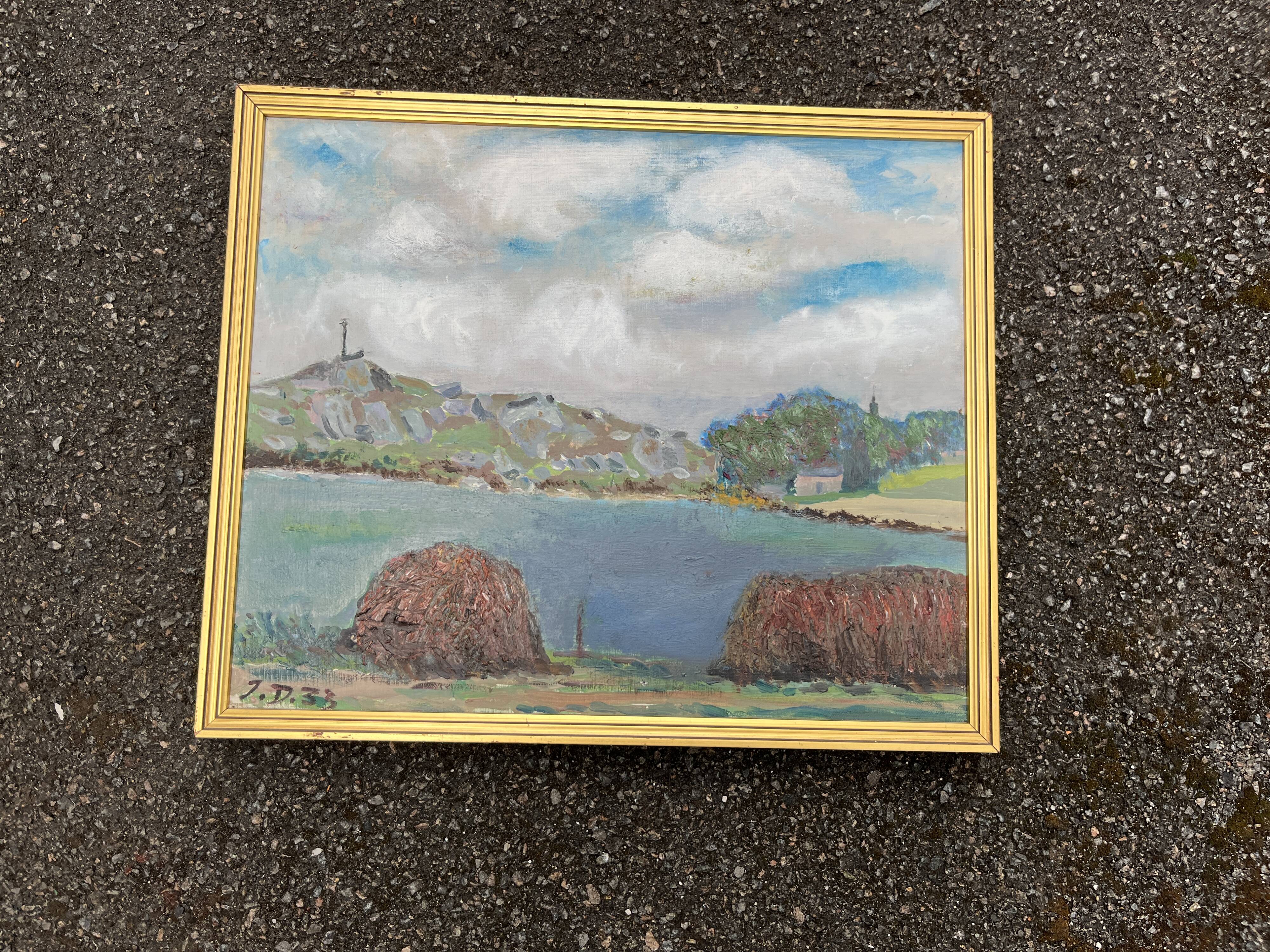 Painting Animated landscape at the lake – Signed oil