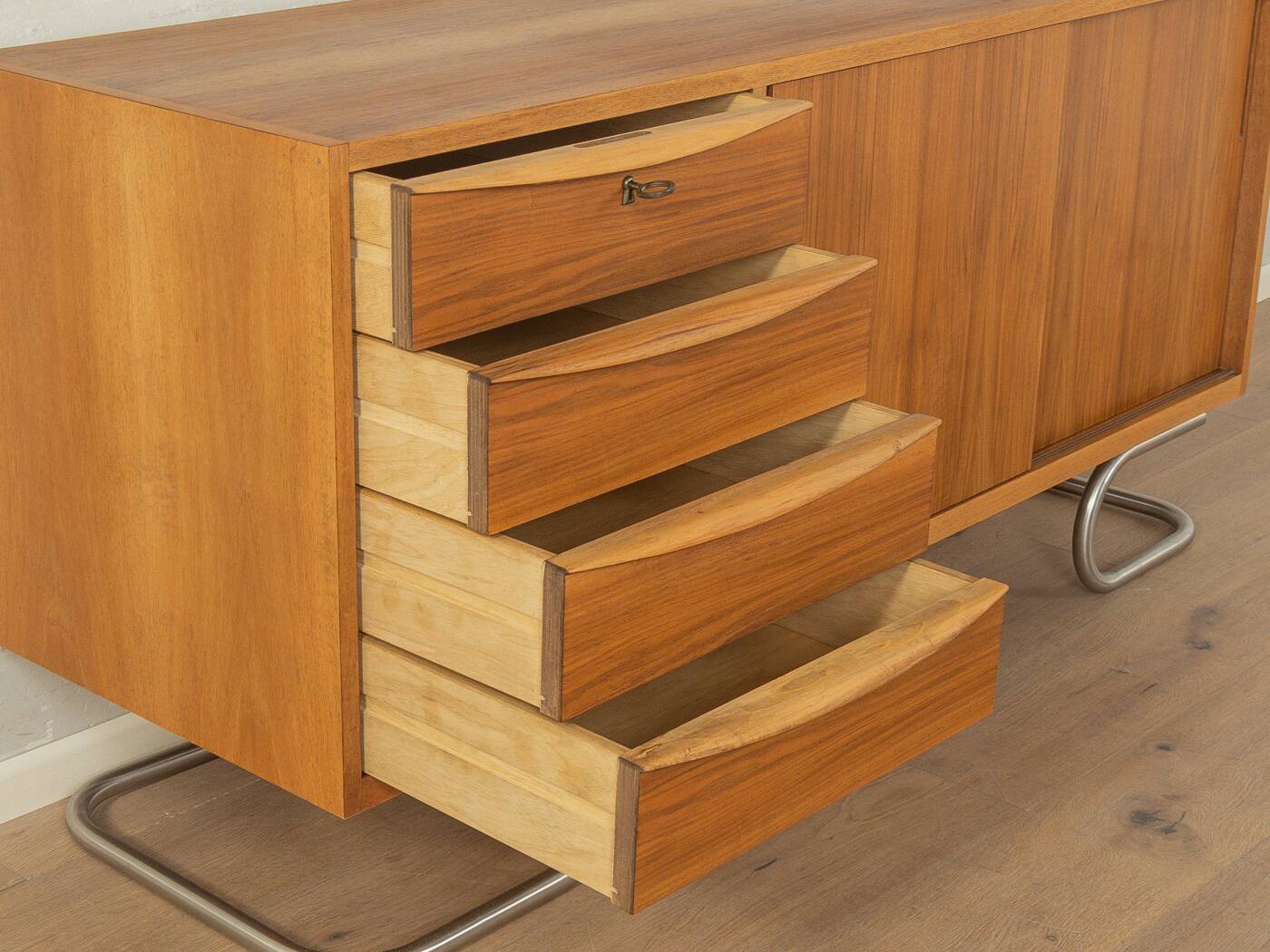 1950s sideboard in Scandinavian style, walnut veneer, Bauhaus design