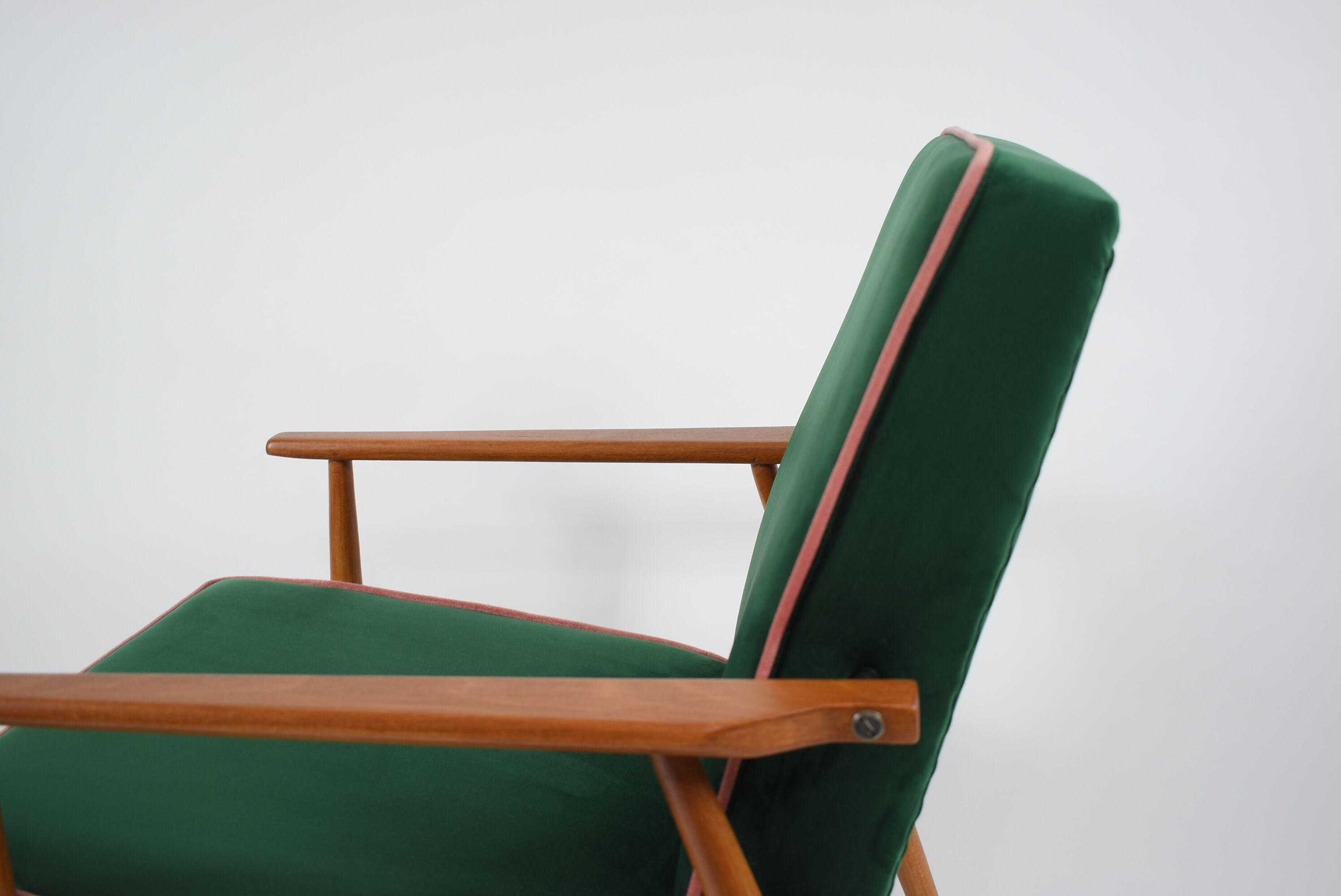Vintage armchair, fully renovated, 1970s, green bottle velvet, pink edge