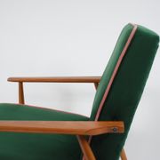 Vintage armchair, fully renovated, 1970s, green bottle velvet, pink edge