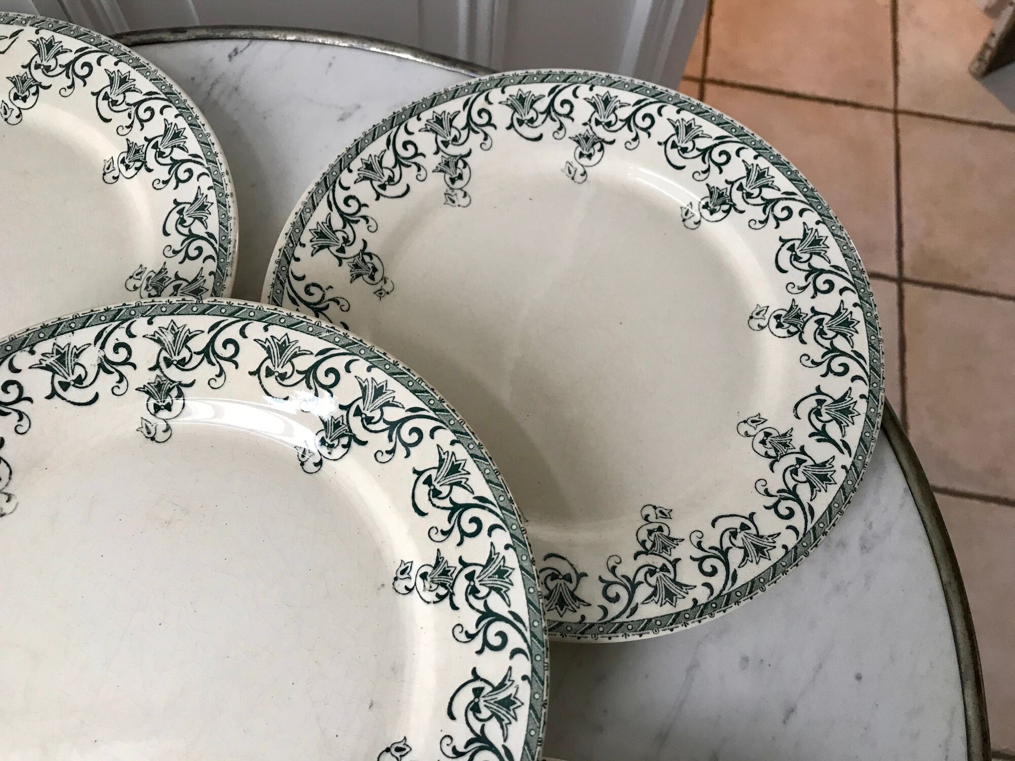 lot of 5 flat plates Terre de Fer Digoin Sarreguemines model "Suzanne" late nineteenth