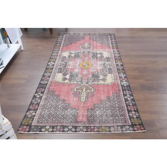 Vintage Turkish Oushak Handmade Wool Cotton Pink Area Rug 112x240