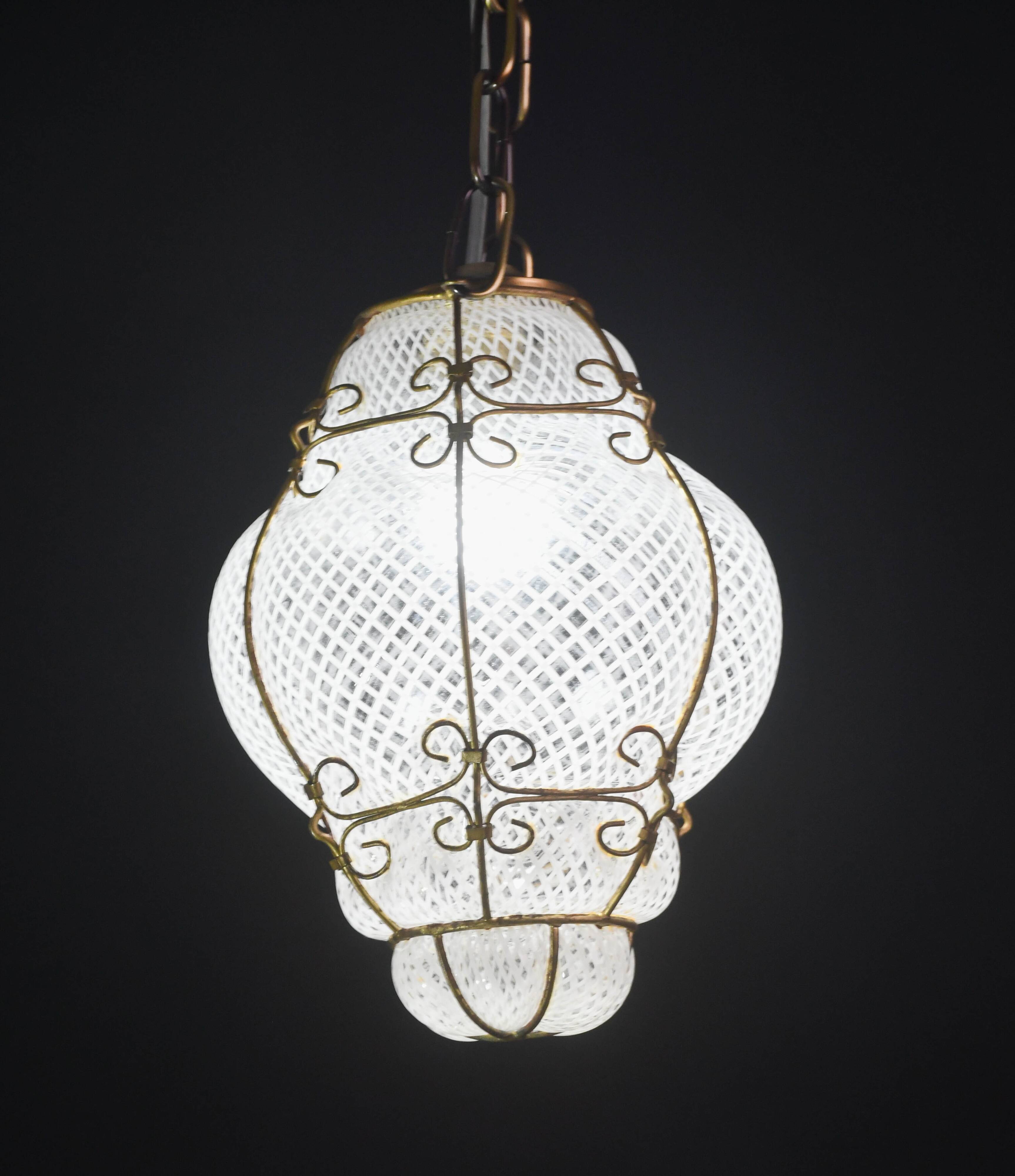 Venini Amazing Venetian Lantern in Murano Reticello Glass, 1950s